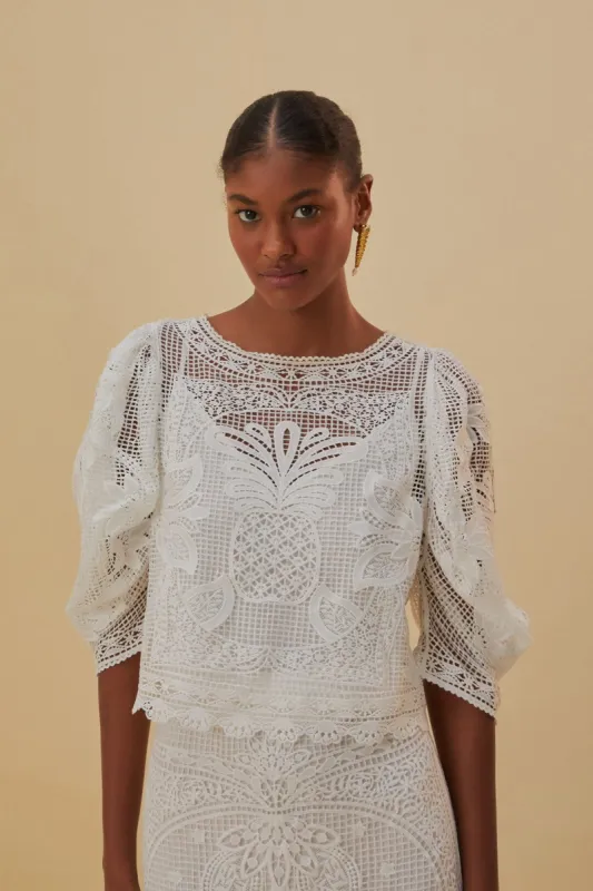 White Guipure Short Sleeve Blouse sold by FARM Rio