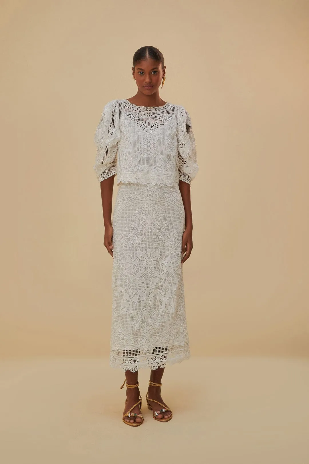 White Guipure Short Sleeve Blouse sold by FARM Rio product image thumbnail 2