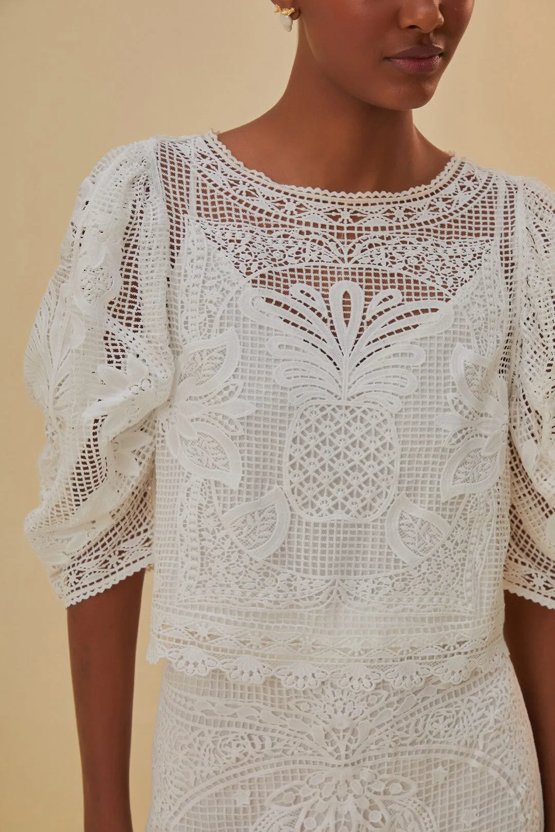 White Guipure Short Sleeve Blouse sold by FARM Rio product image thumbnail 3