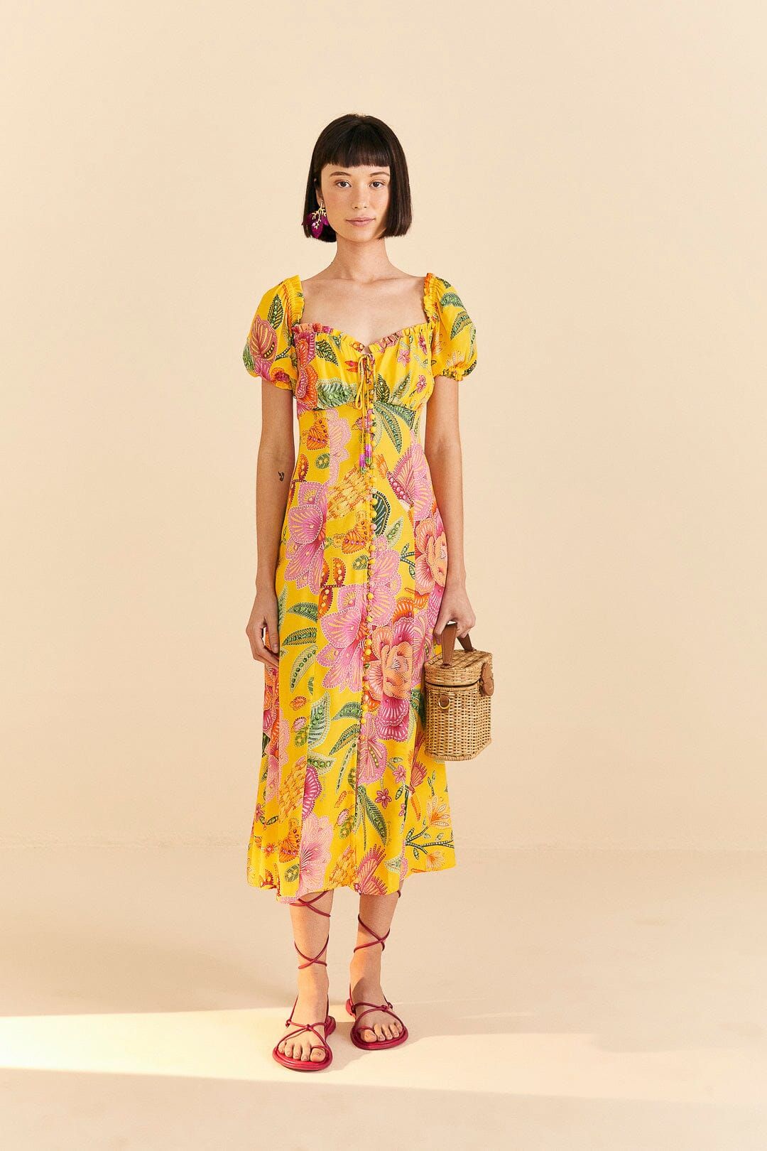 Yellow Macaw Bloom Puff-Sleeve Midi Dress sold by FARM Rio