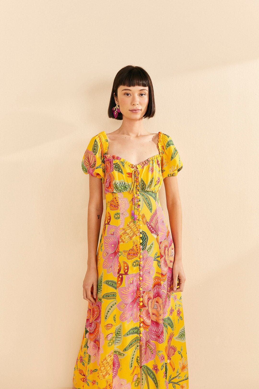 Yellow Macaw Bloom Puff-Sleeve Midi Dress sold by FARM Rio product image thumbnail 2