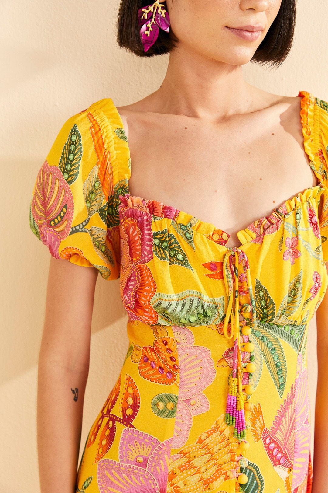 Yellow Macaw Bloom Puff-Sleeve Midi Dress sold by FARM Rio product image thumbnail 3