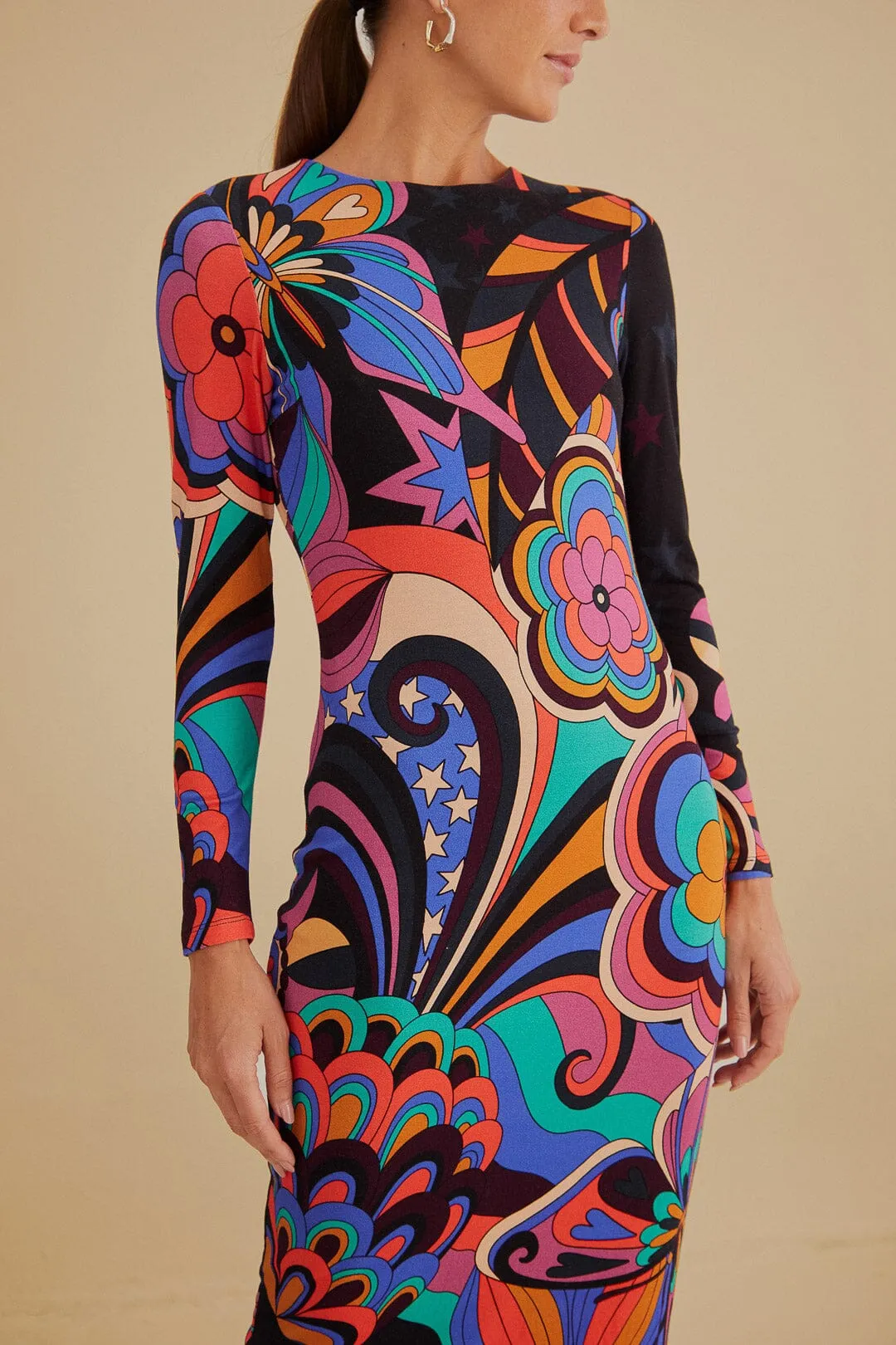 Black 70s Vibe Lenzing™ Ecovero™ Viscose Midi Dress sold by FARM Rio product image thumbnail 2