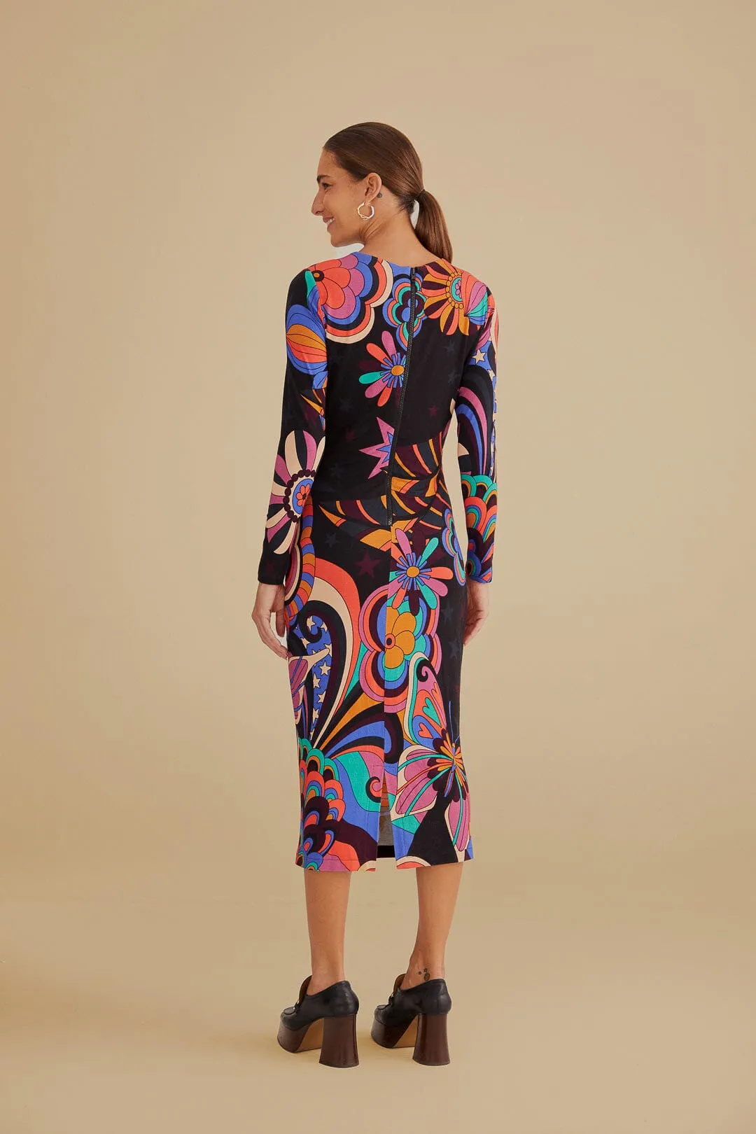 Black 70s Vibe Lenzing™ Ecovero™ Viscose Midi Dress sold by FARM Rio product image thumbnail 3