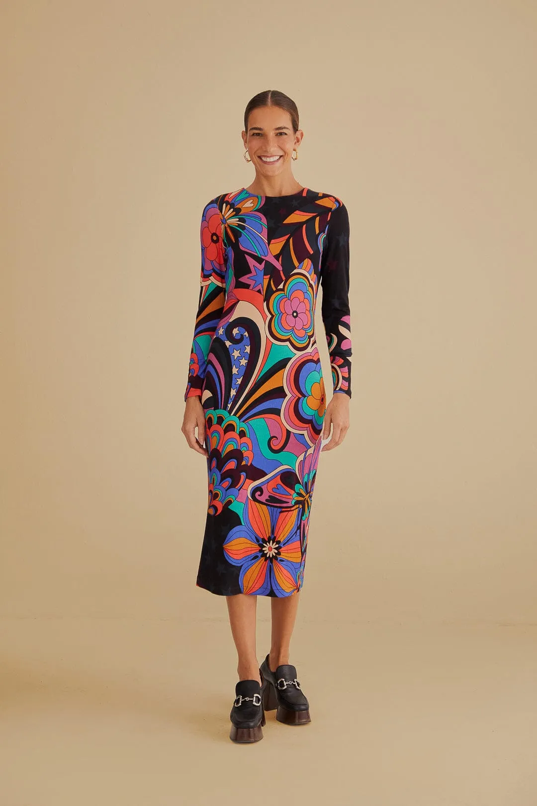 Black 70s Vibe Lenzing™ Ecovero™ Viscose Midi Dress sold by FARM Rio