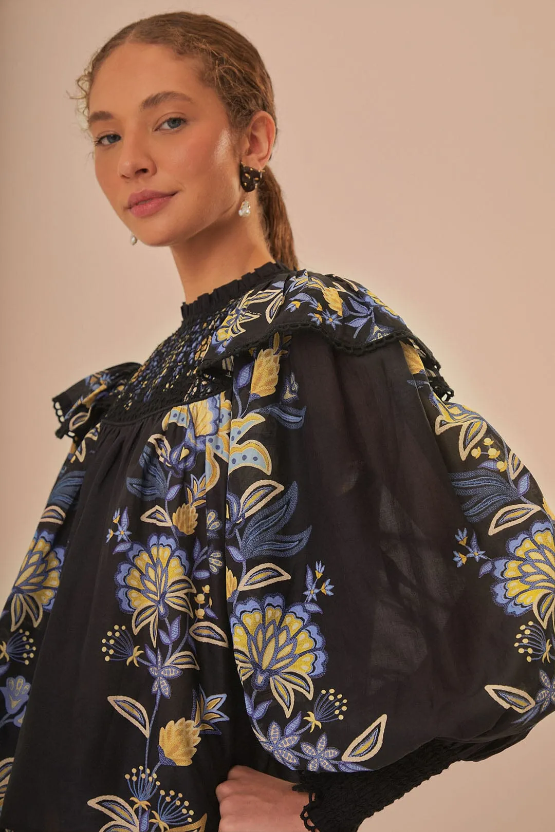 Black Stitched Garden Blouse sold by FARM Rio