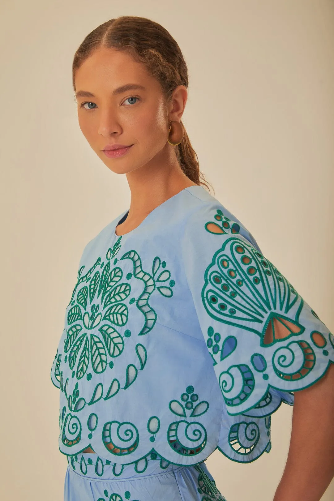 Light Blue And Green Graphic Richelieu Crop Top sold by FARM Rio