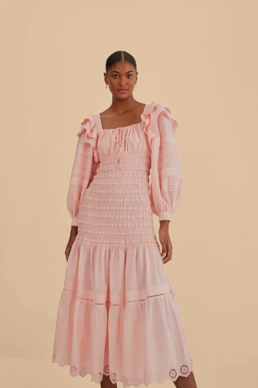 Light Pink Long Sleeve Smocked Midi Dress sold by FARM Rio