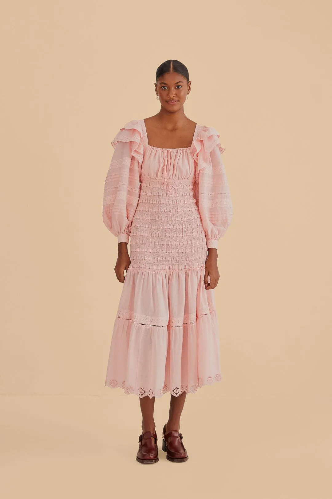 Light Pink Long Sleeve Smocked Midi Dress sold by FARM Rio product image thumbnail 2