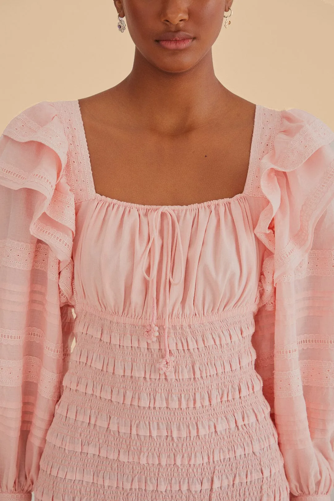 Light Pink Long Sleeve Smocked Midi Dress sold by FARM Rio product image thumbnail 5