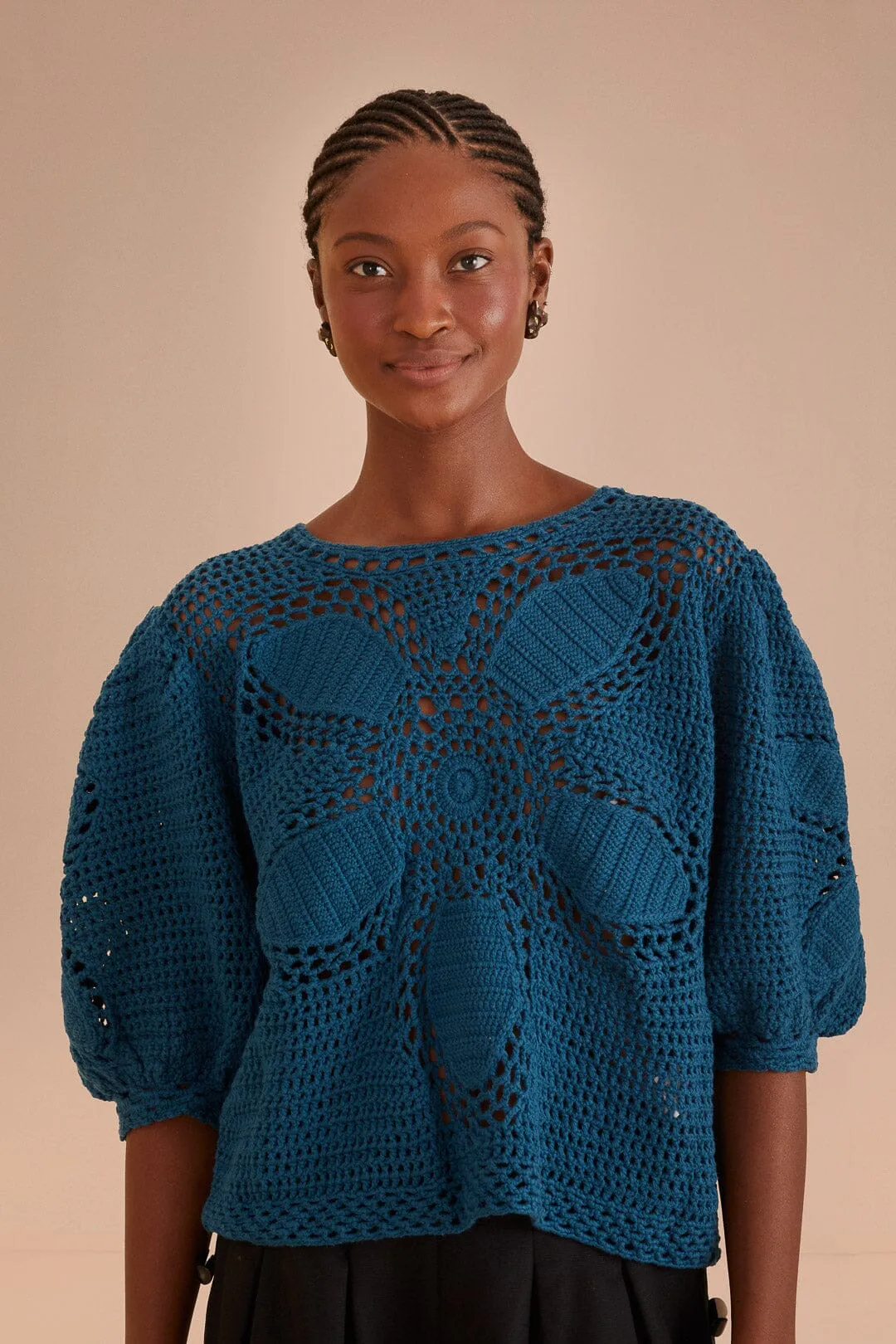 Teal Flower Draw Crochet Blouse sold by FARM Rio