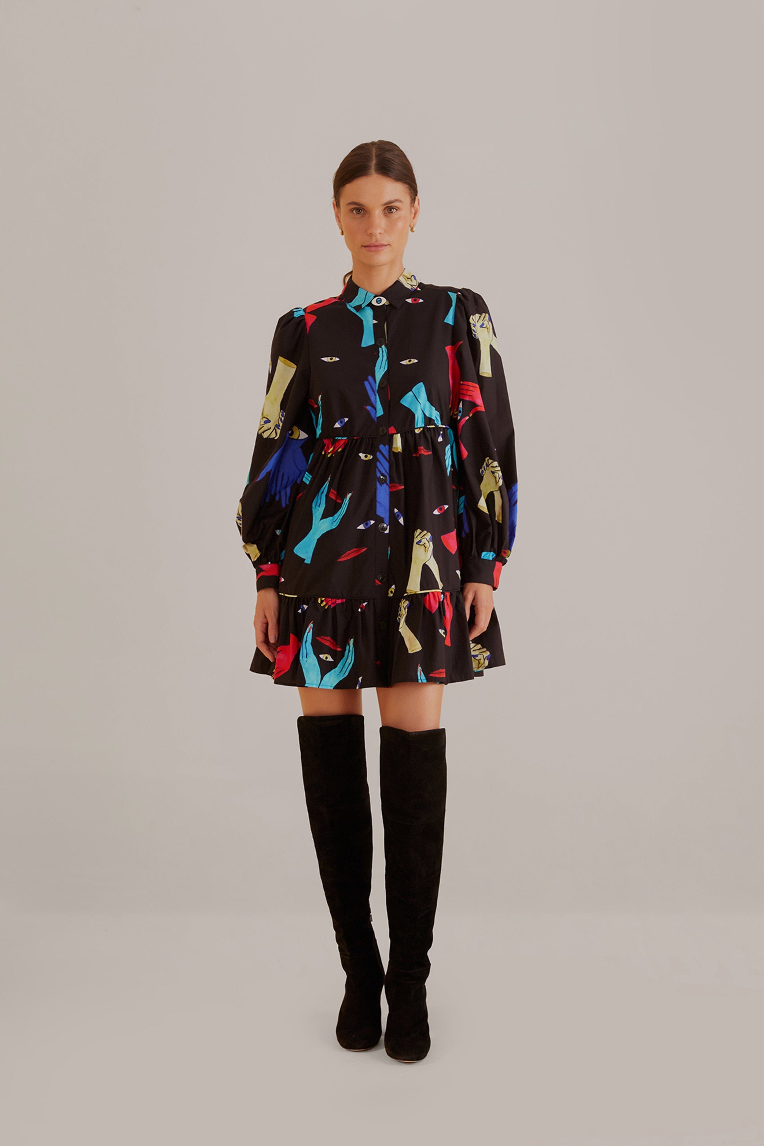 Black Colorful Together Long Sleeve Mini Dress sold by FARM Rio