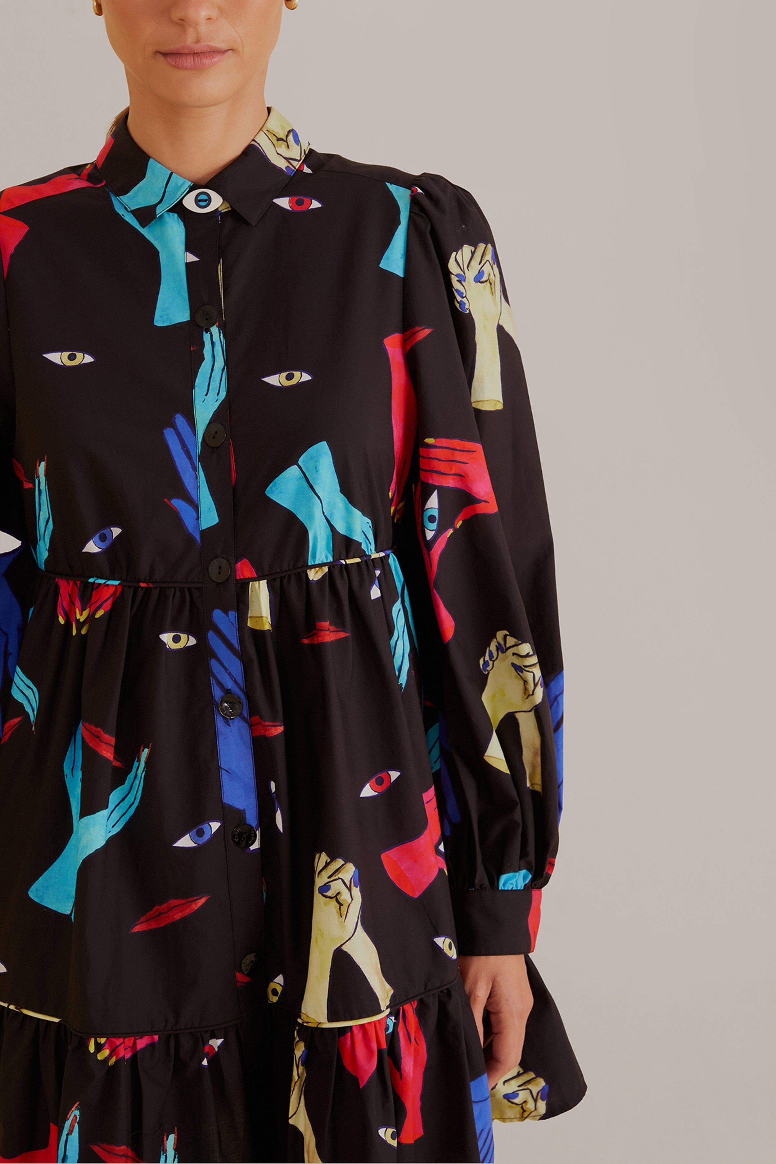 Black Colorful Together Long Sleeve Mini Dress sold by FARM Rio product image thumbnail 3