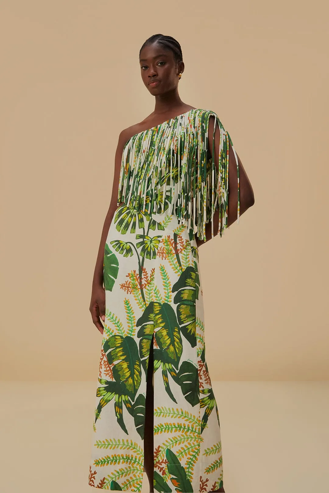 Tropical Forest Off-White Fringed Midi Dress sold by FARM Rio