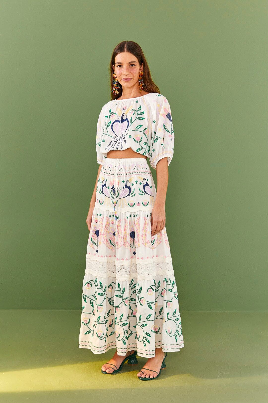 White Summer Garden Embroidered Maxi Skirt sold by FARM Rio