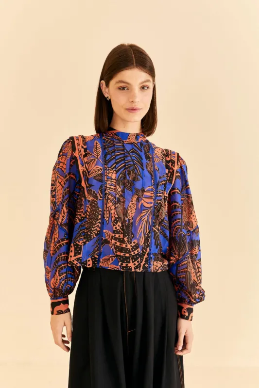 Blue Tropical Gold Pleated Long Sleeve Blouse sold by FARM Rio