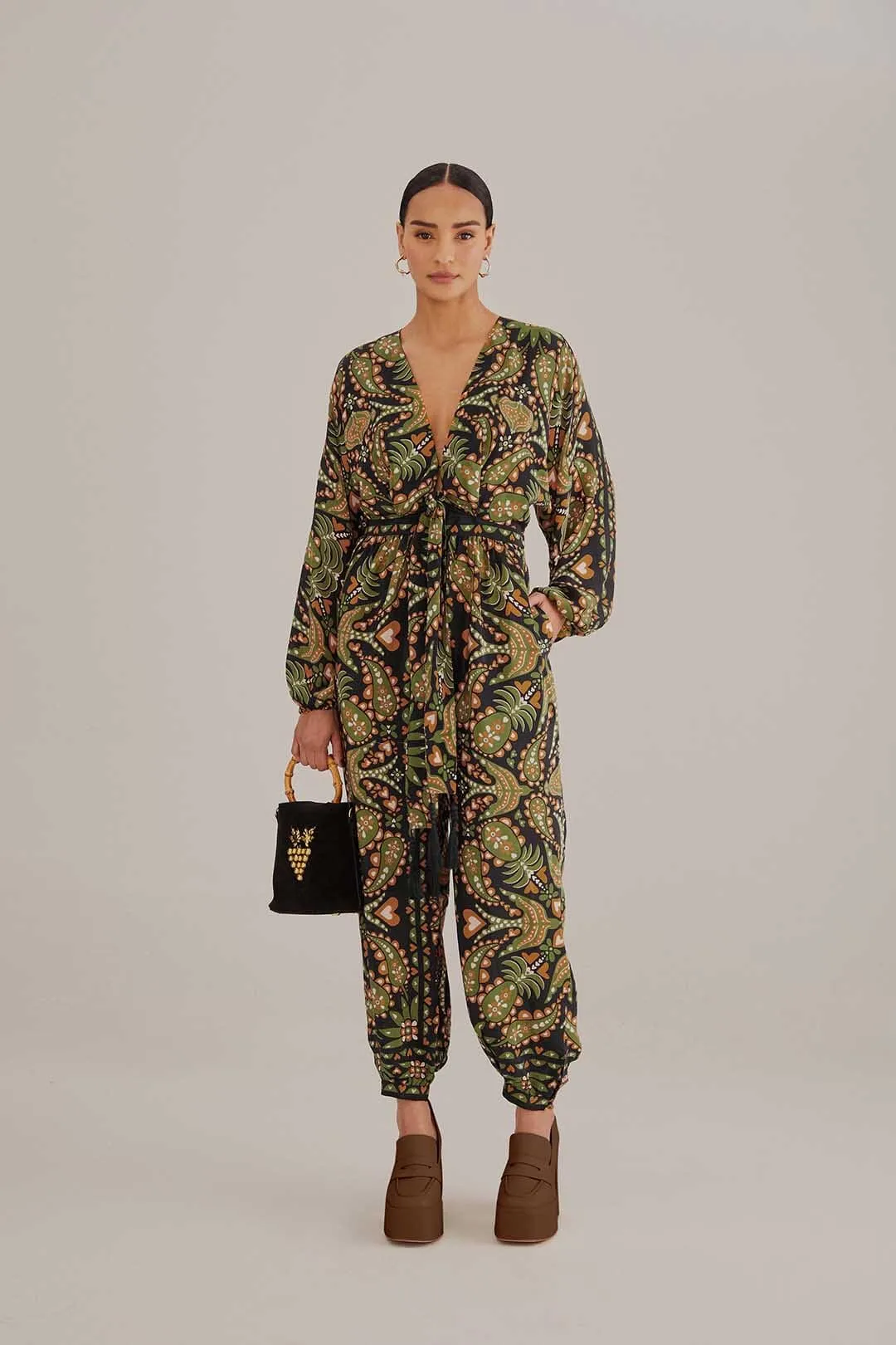 Black Martina Scarf V Neck Jumpsuit sold by FARM Rio