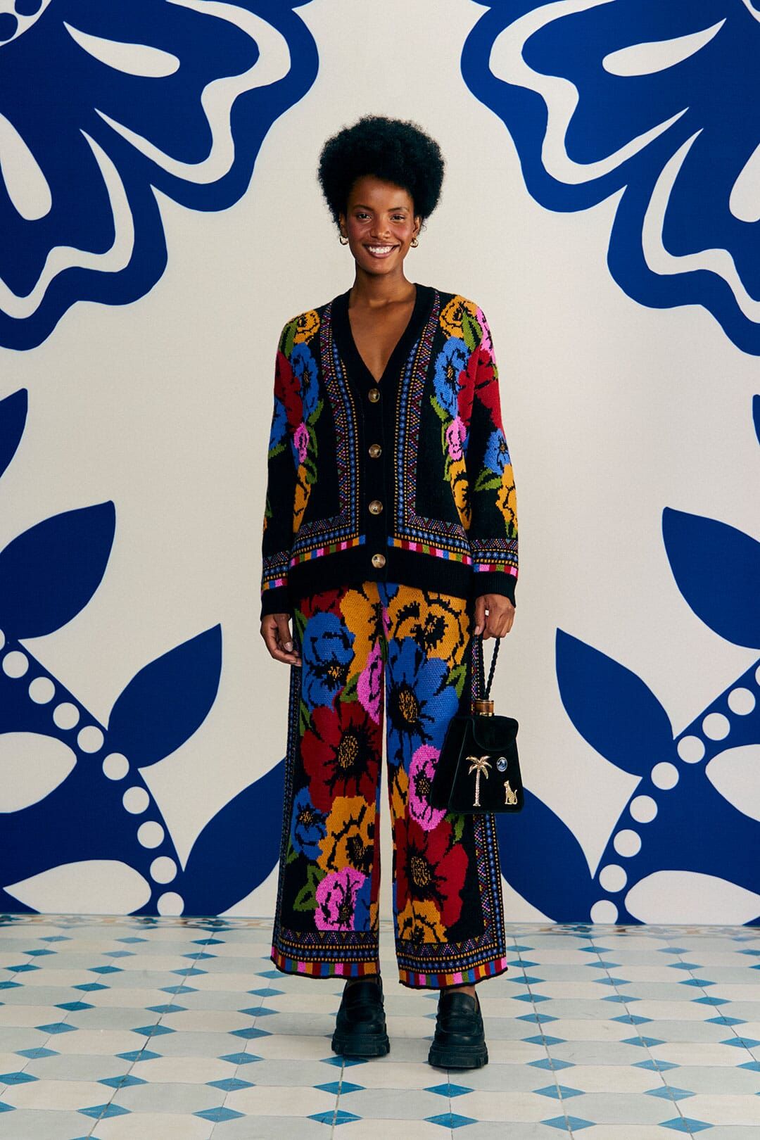 Black Flowers Tapestry Sweater Pants sold by FARM Rio