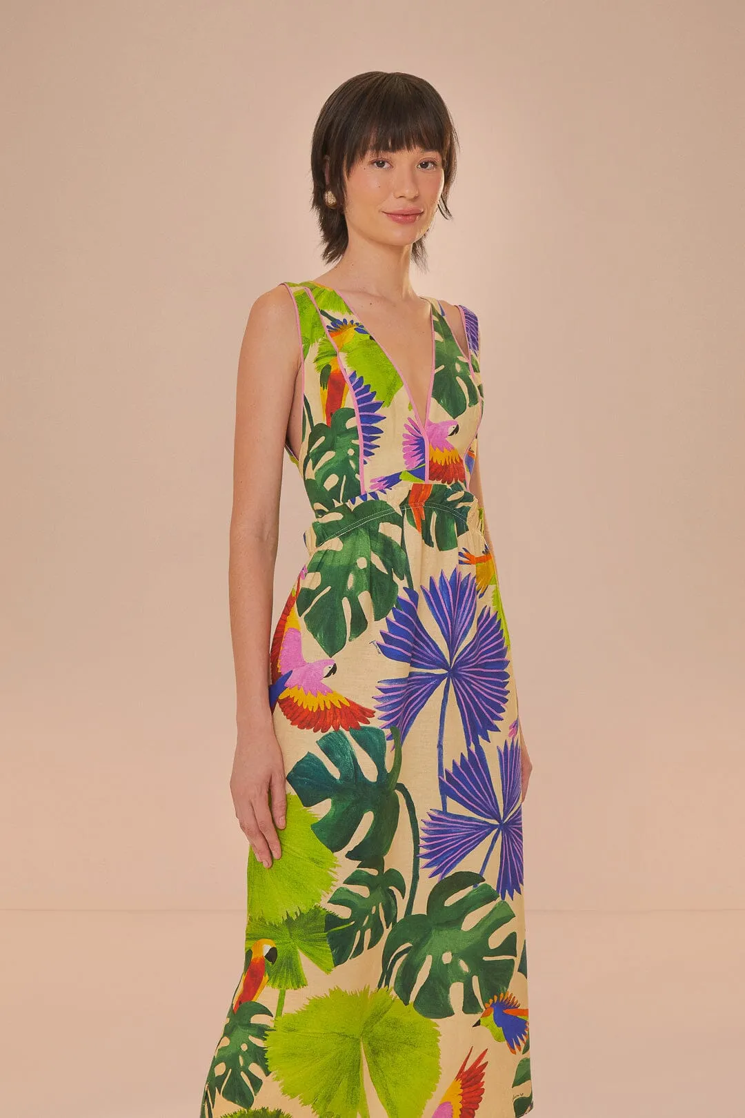 Sand Macaw Jungle V Neck Midi Dress sold by FARM Rio product image thumbnail 2