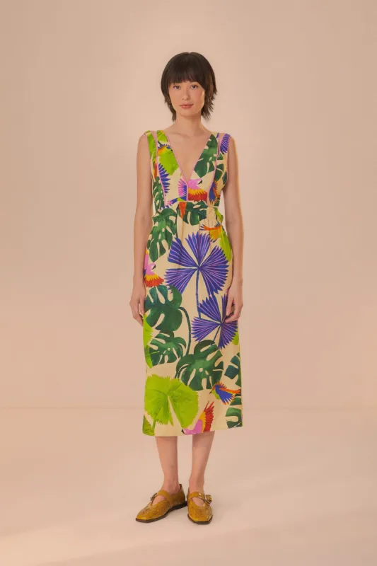 Sand Macaw Jungle V Neck Midi Dress sold by FARM Rio