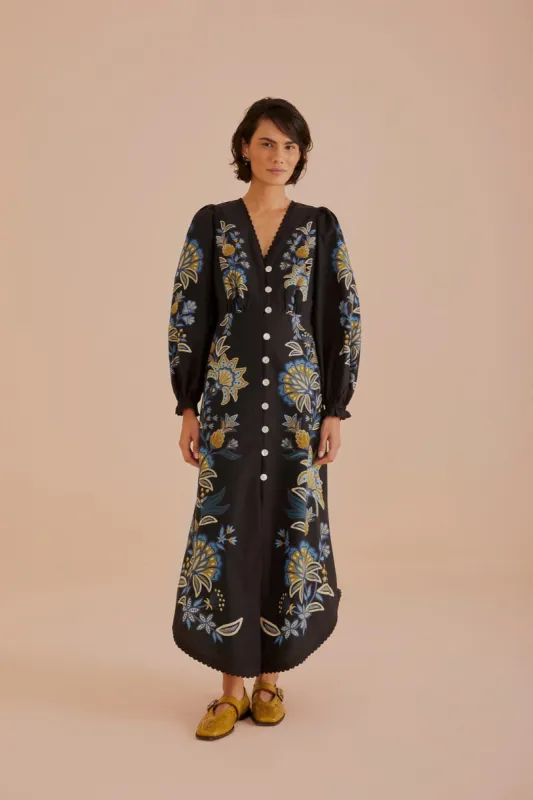 Black Stitched Garden Organic Cotton Midi Dress sold by FARM Rio