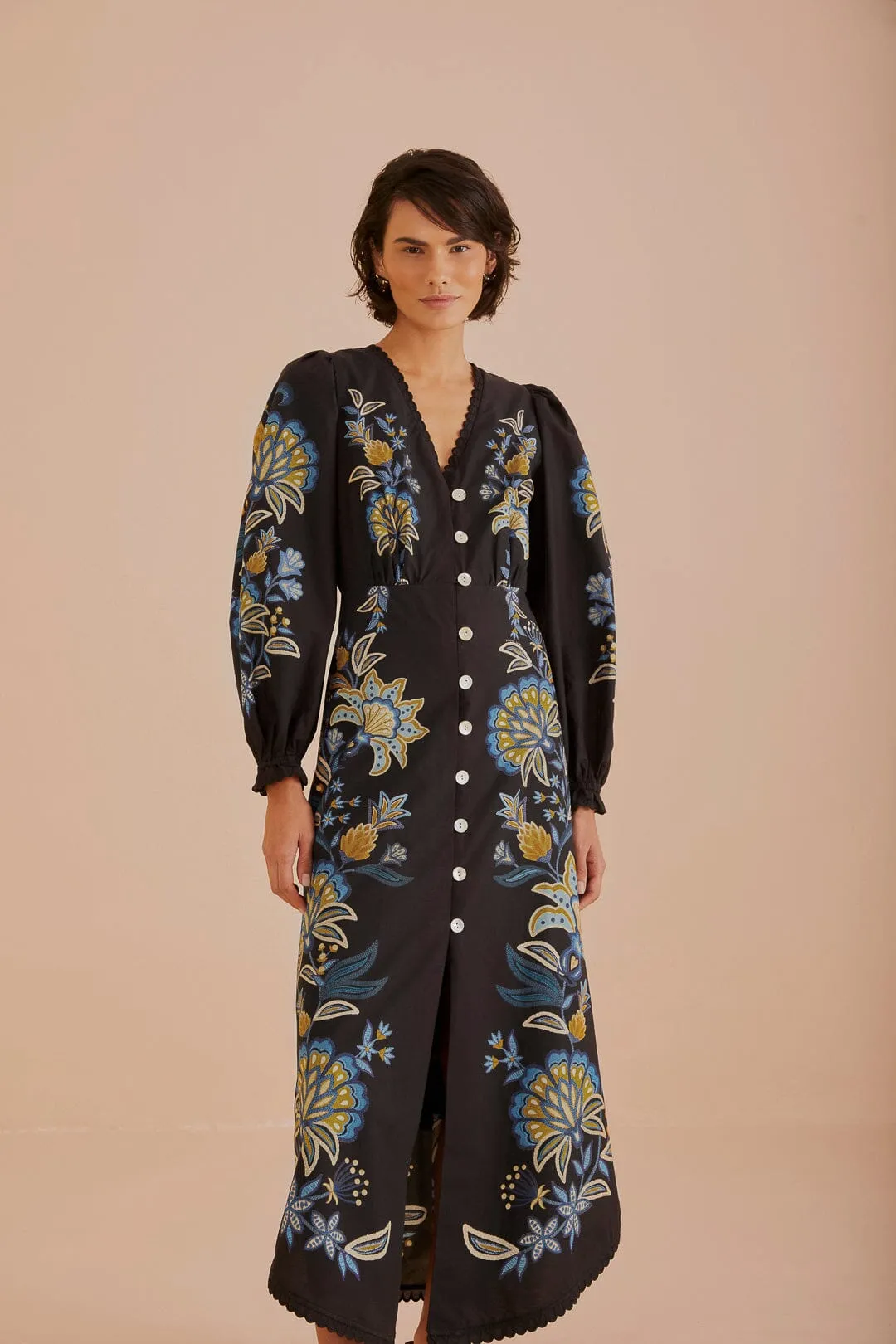 Black Stitched Garden Organic Cotton Midi Dress sold by FARM Rio product image thumbnail 2