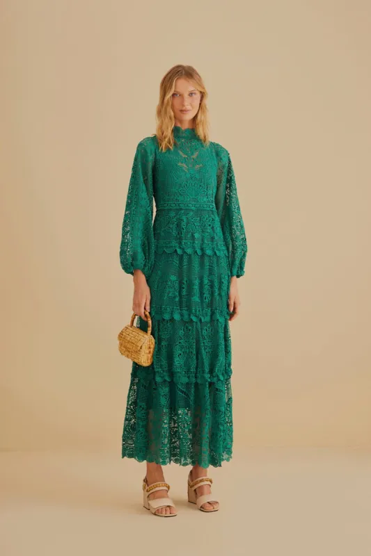 Dark Green Guipure Long Sleeve Maxi Dress sold by FARM Rio