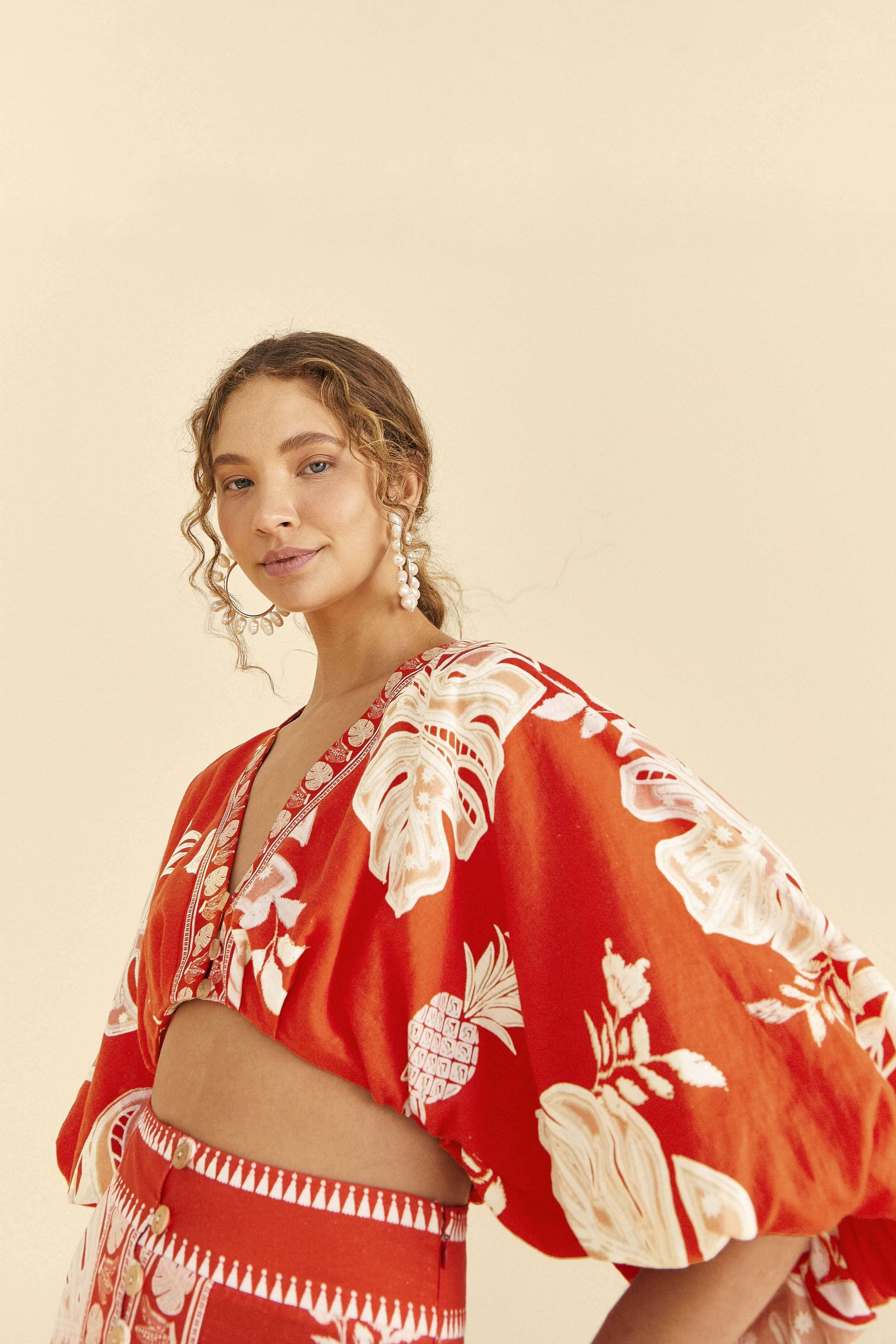 Red Lace Monsteras Crop Top sold by FARM Rio