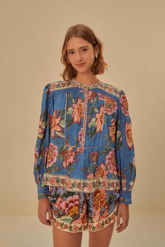Blue Wonderful Bouquet Long Sleeve Blouse sold by FARM Rio