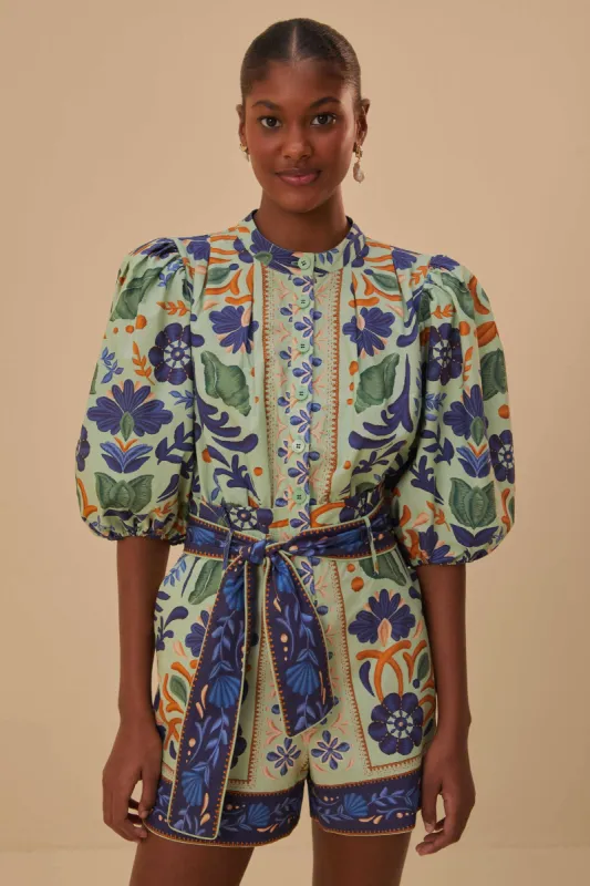 Green Ocean Tapestry Belted Romper sold by FARM Rio