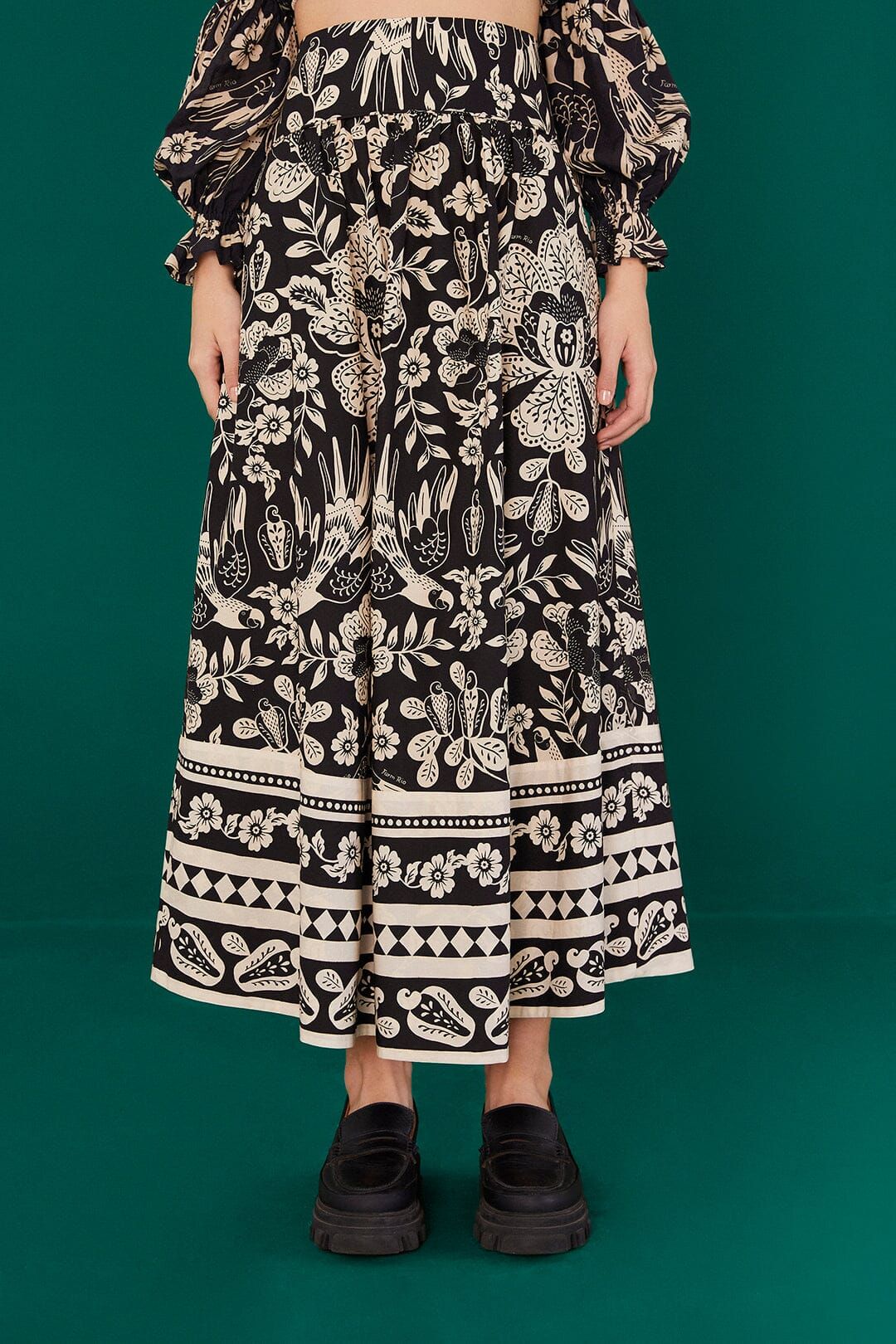 Black Graphic Floral Organic Cotton Midi Skirt sold by FARM Rio product image thumbnail 3