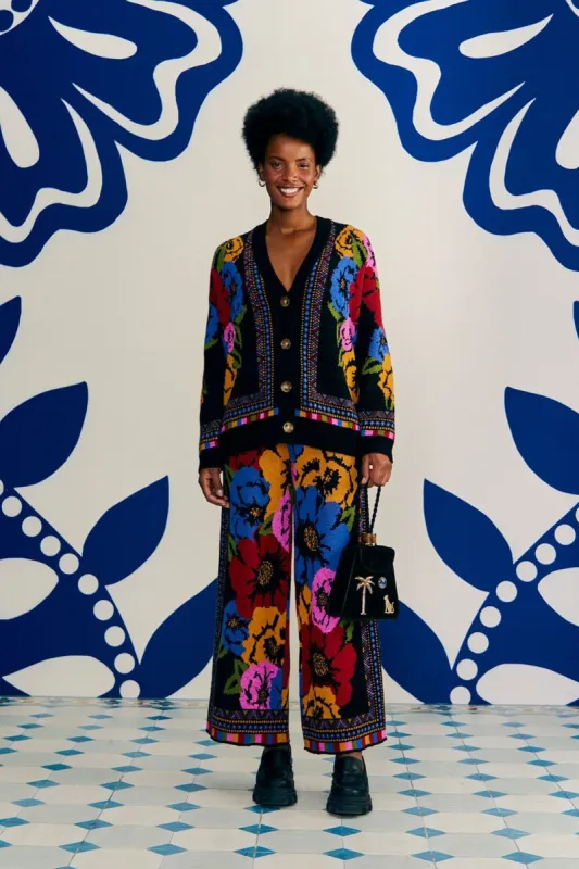 Black Flowers Tapestry Sweater Pants sold by FARM Rio