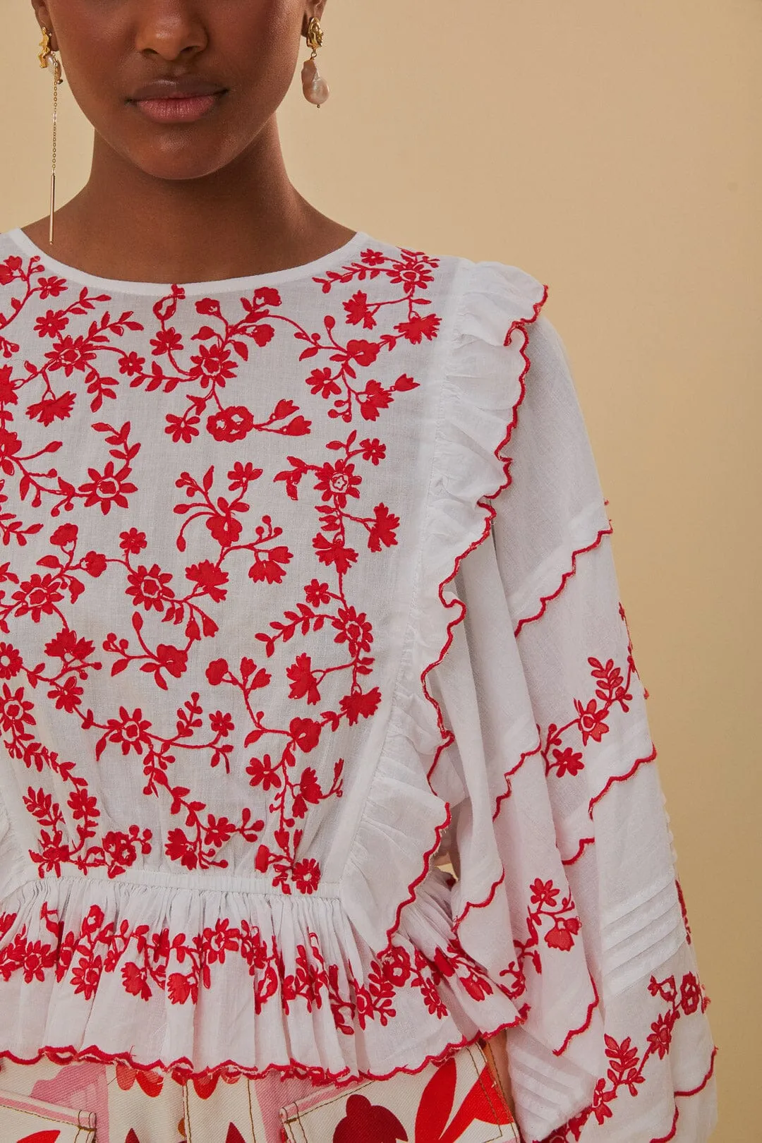 Off-White and Red Embroidered Long Sleeve Blouse sold by FARM Rio product image thumbnail 2