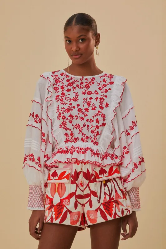 Off-White and Red Embroidered Long Sleeve Blouse sold by FARM Rio