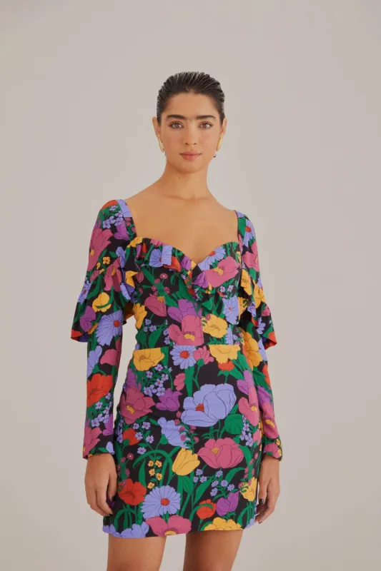 Black Bucolic Garden Long Sleeve Mini Dress sold by FARM Rio