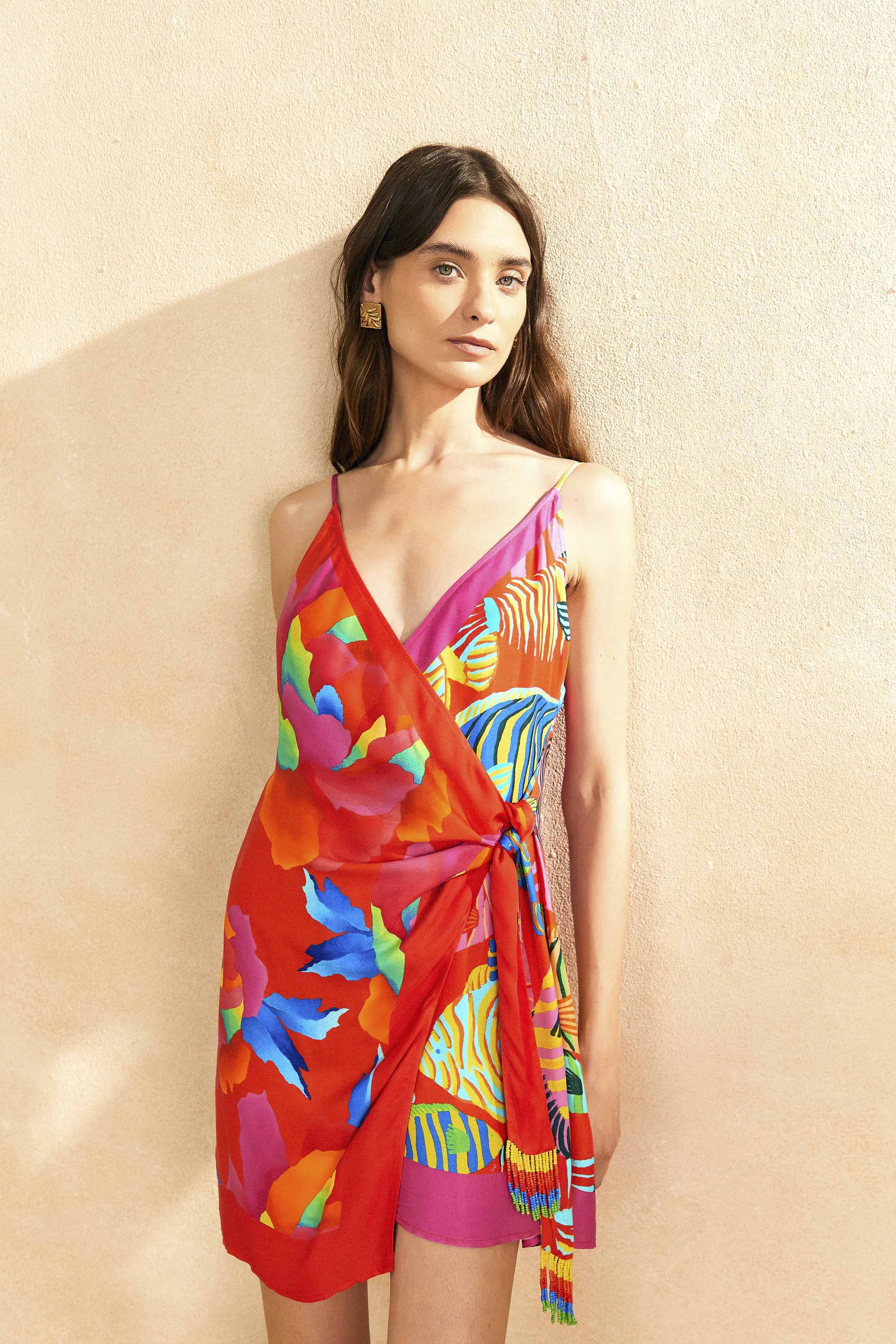 knee length dresses for ladies Red Jungle Scarf Wrap Midi Dress – FARM Rio main image 0