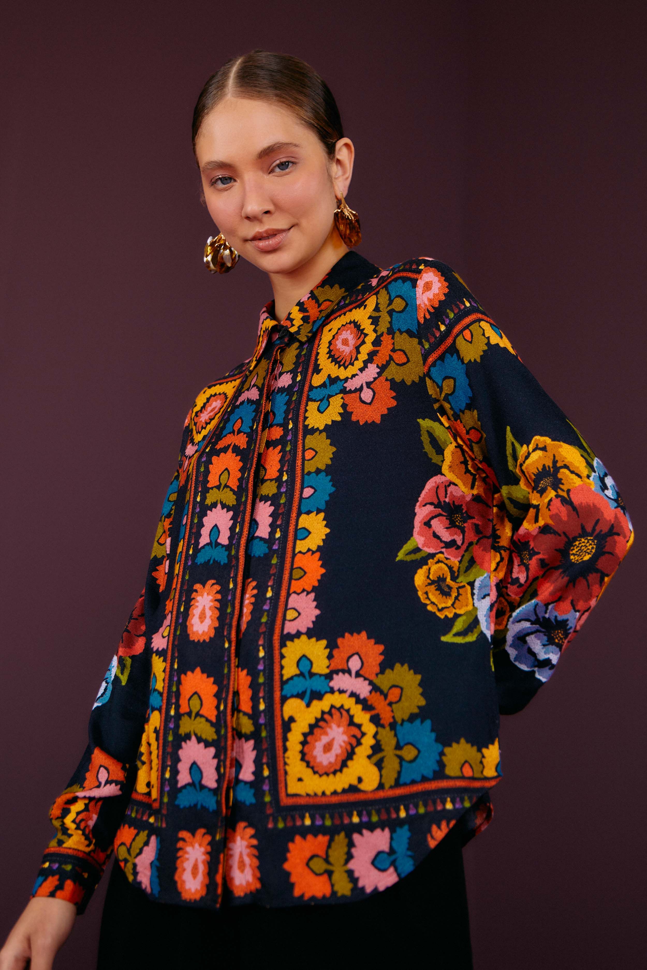 Black Flowers Tapestry Lenzing™ Ecovero™ Viscose Shirt sold by FARM Rio