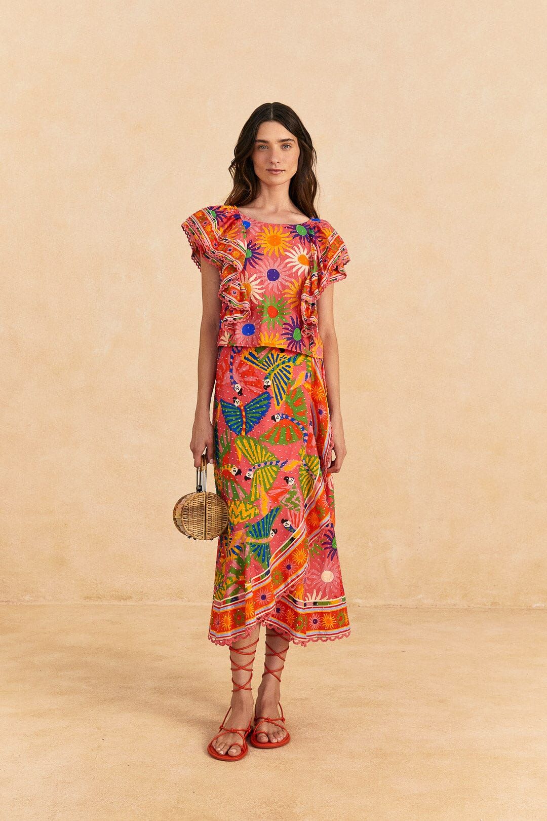 Coral Mixed Graphic Macaws Midi Skirt sold by FARM Rio