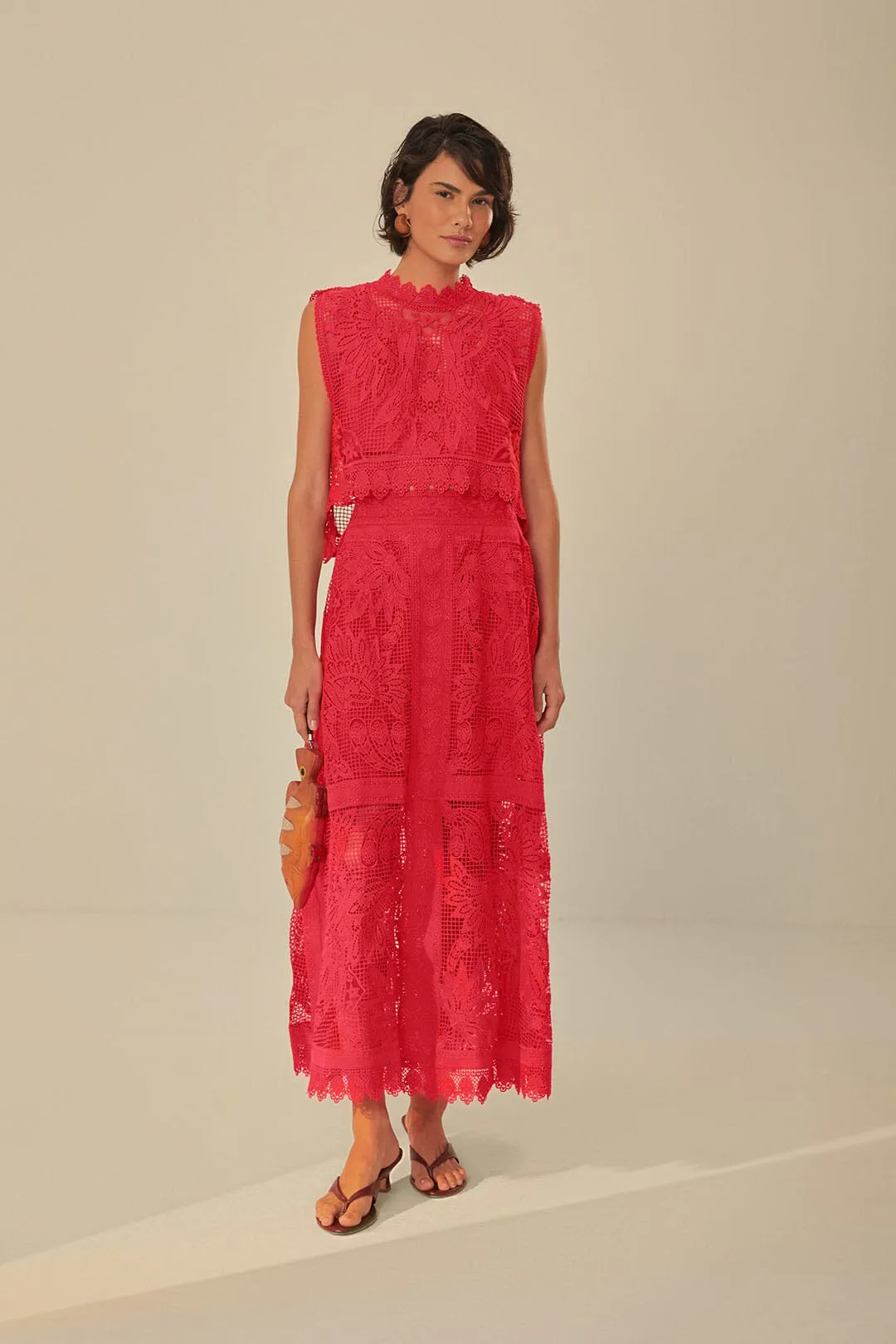 Red Toucan Guipure Midi Skirt sold by FARM Rio