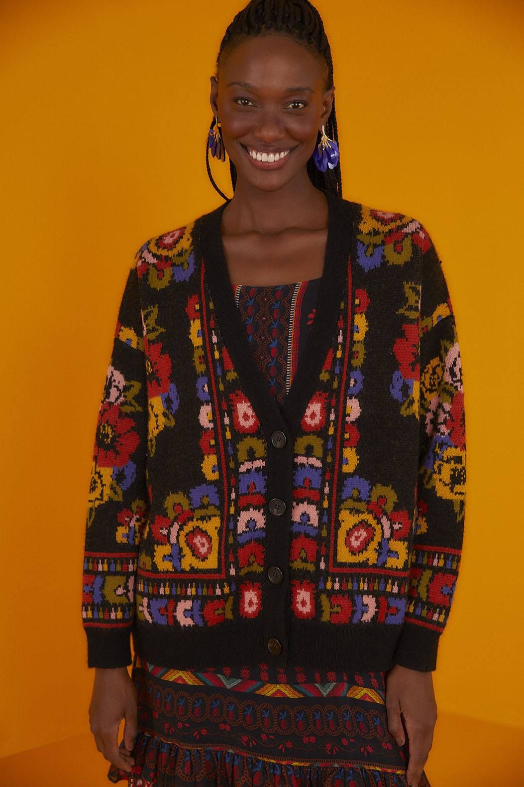 Black Flowers Tapestry Cardigan sold by FARM Rio