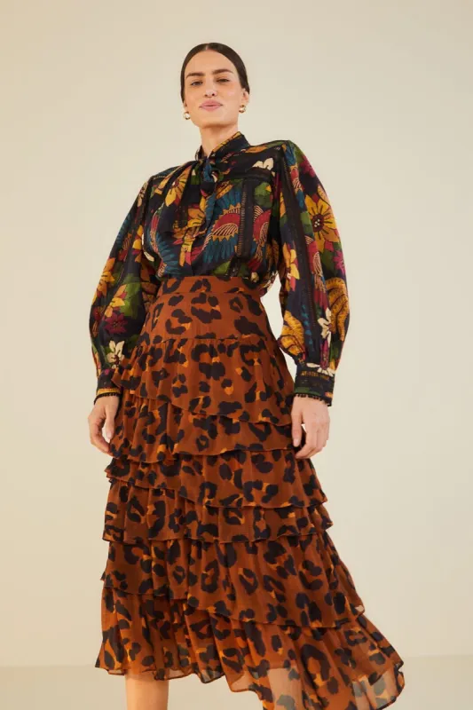 Caramel Maxi Leopard Frill Skirt sold by FARM Rio