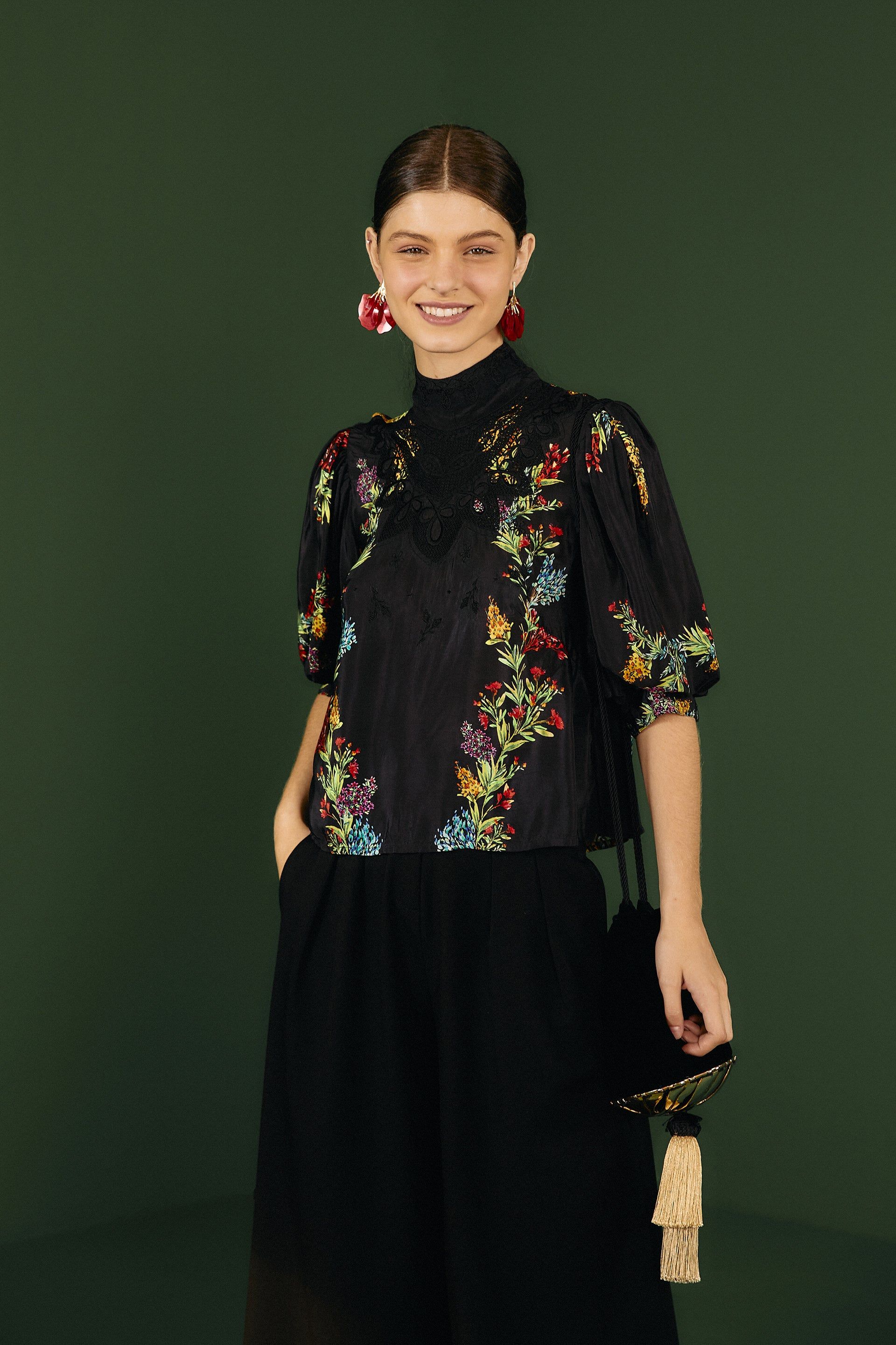 Black Louise Floral Blouse sold by FARM Rio