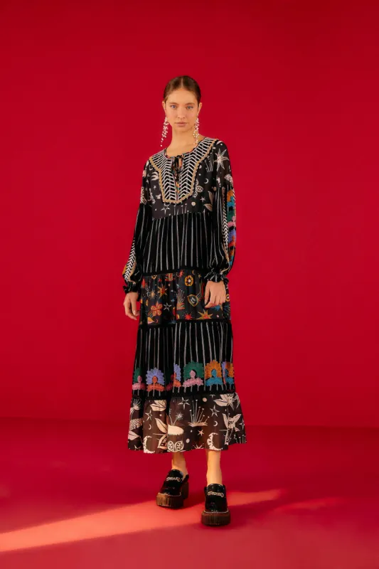 Black Mixed Prints Embroidered Maxi Dress sold by FARM Rio
