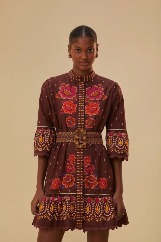 Brown Bright Flora Short Sleeve Mini Dress sold by FARM Rio
