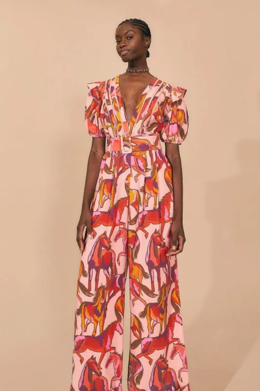 Rose Wild Horses Pleated Short Sleeve Jumpsuit made by FARM Rio