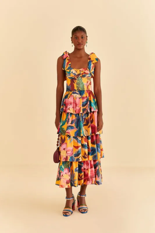 Yellow Painted Flowers Layered Maxi Dress sold by FARM Rio