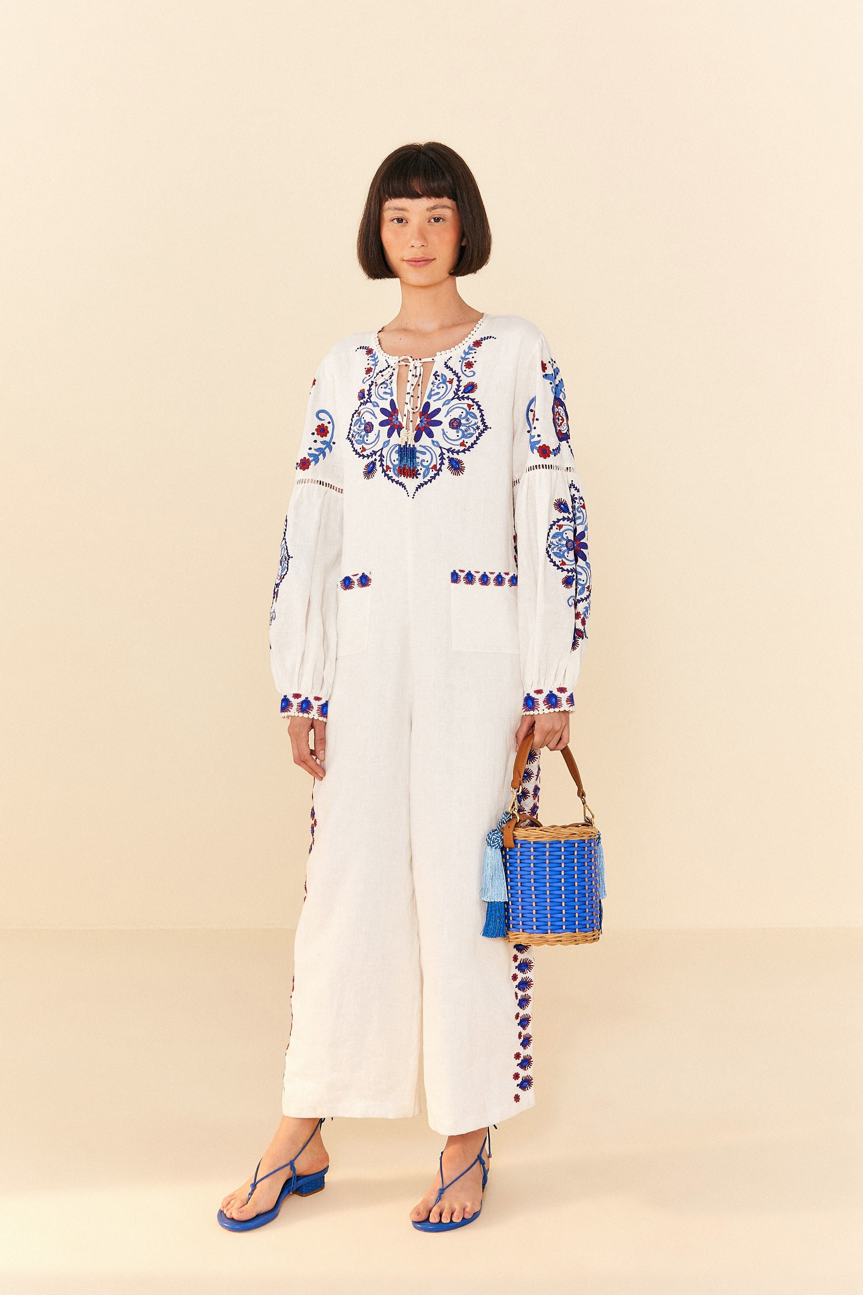Off-White Navy Embroidered Jumpsuit sold by FARM Rio product image thumbnail 3