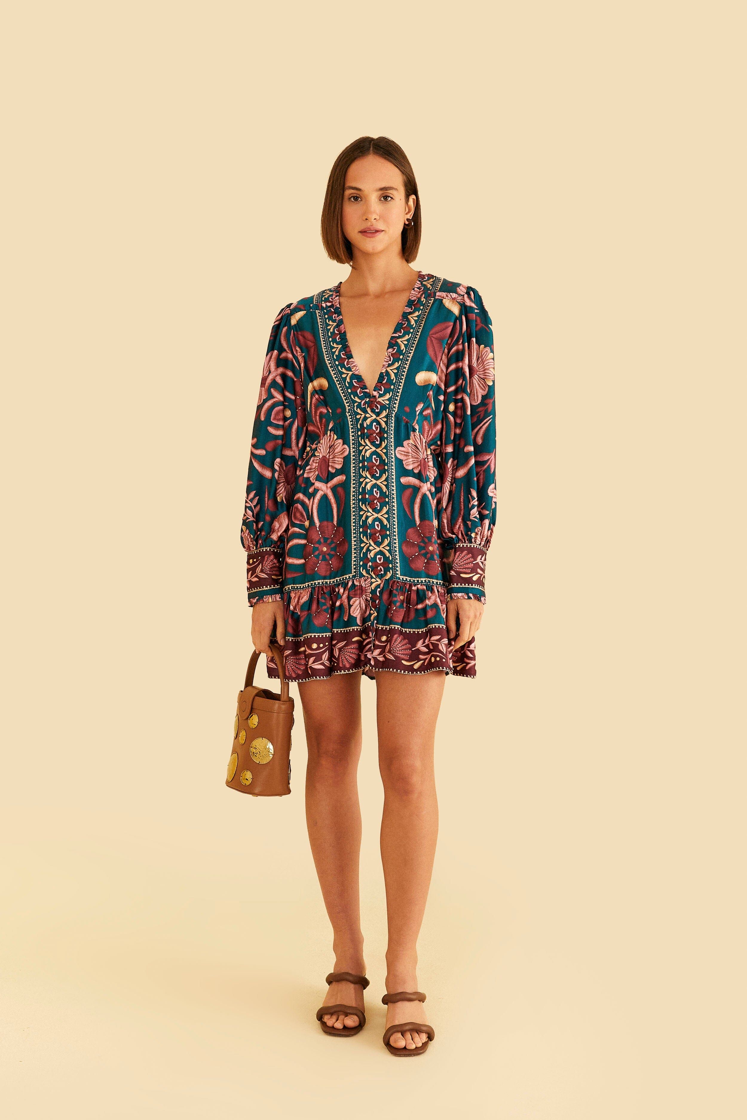 blue superbloom tapestry organic cotton mini dress Embroidered Tapestry Blue Mini Dress  Hemline Birmingham
