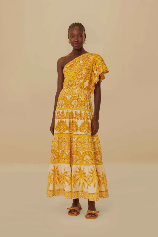 Yellow Ainika Tapestry One Shoulder Maxi Dress made by FARM Rio