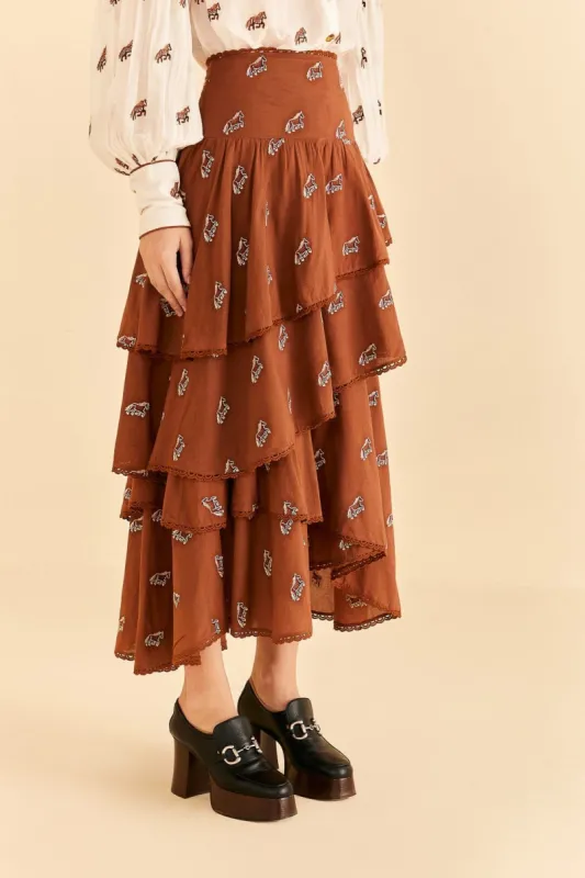 Caramel Embroidered Horses Layered Maxi Skirt sold by FARM Rio
